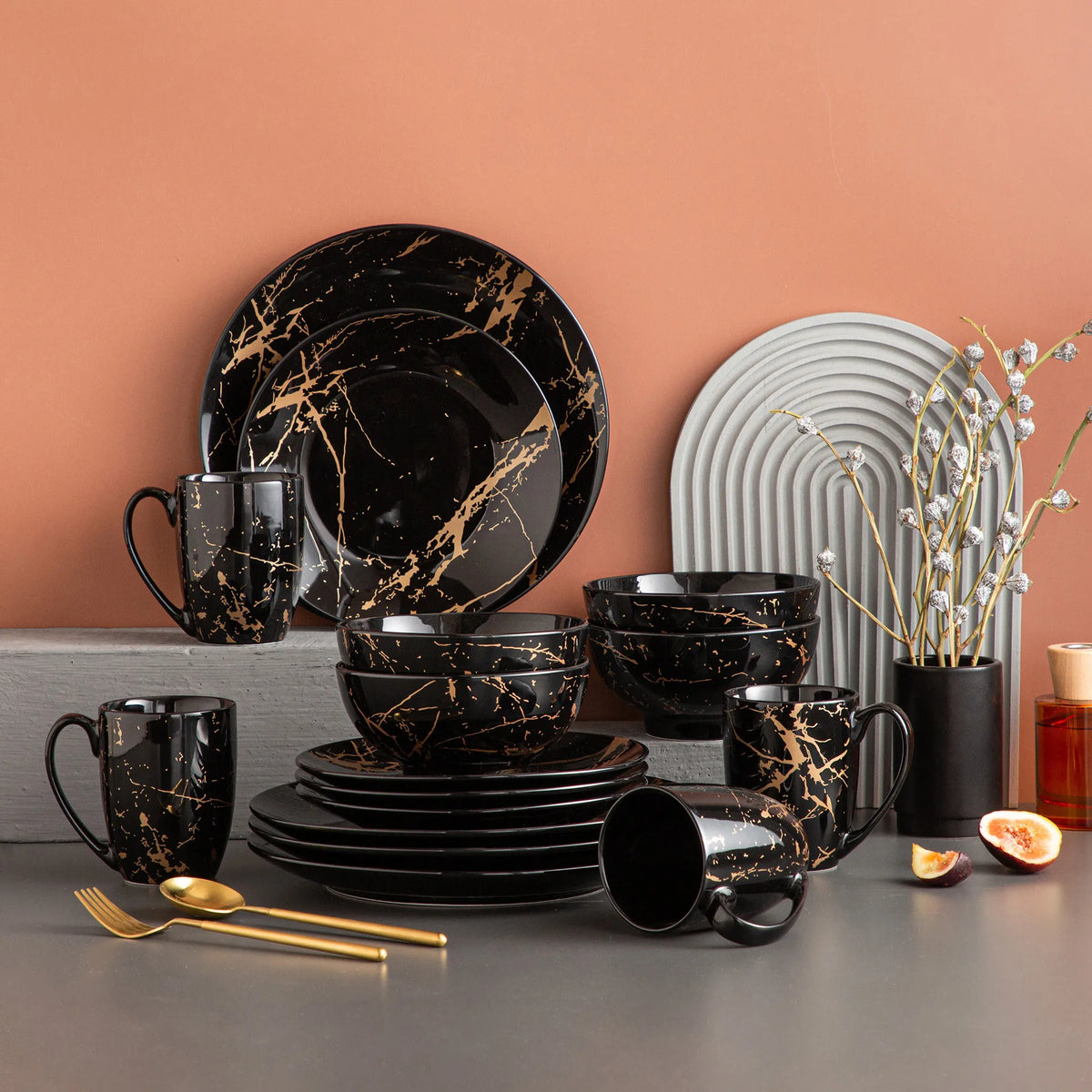 MALACASA Porcelain Dinnerware Set With Gold Splash Design