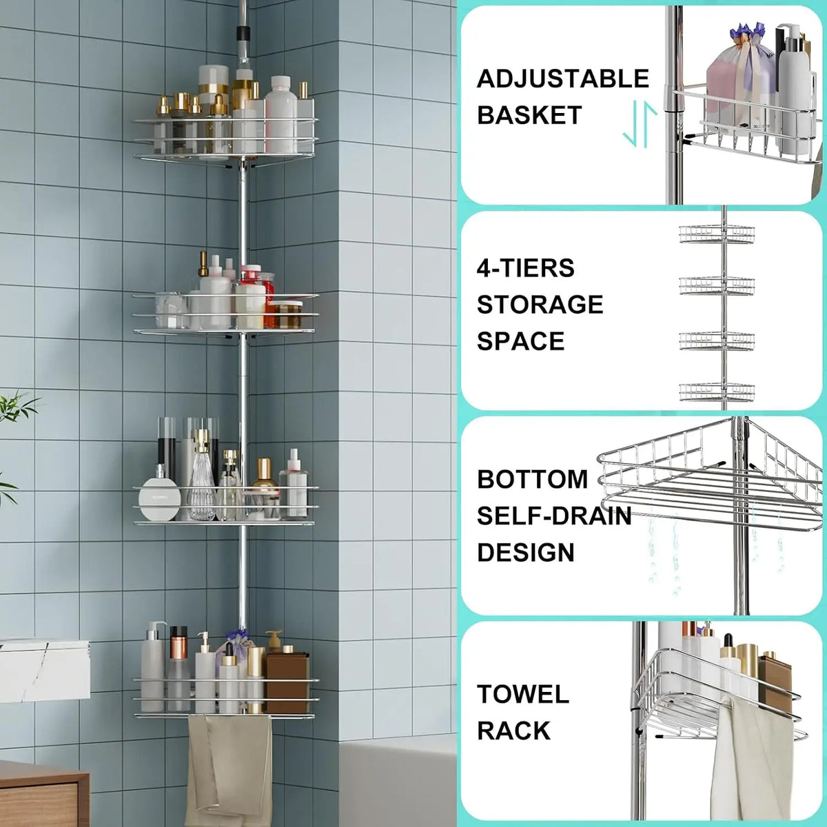 Telescopic Corner Shower Caddy With Four Tier Storage Shelves