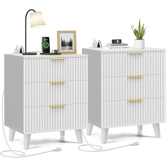 White fluted nightstand duo 15.7x19.7x26.3 in with triple soft-close drawers USB AC charging ports waterproof laminate MDF frame