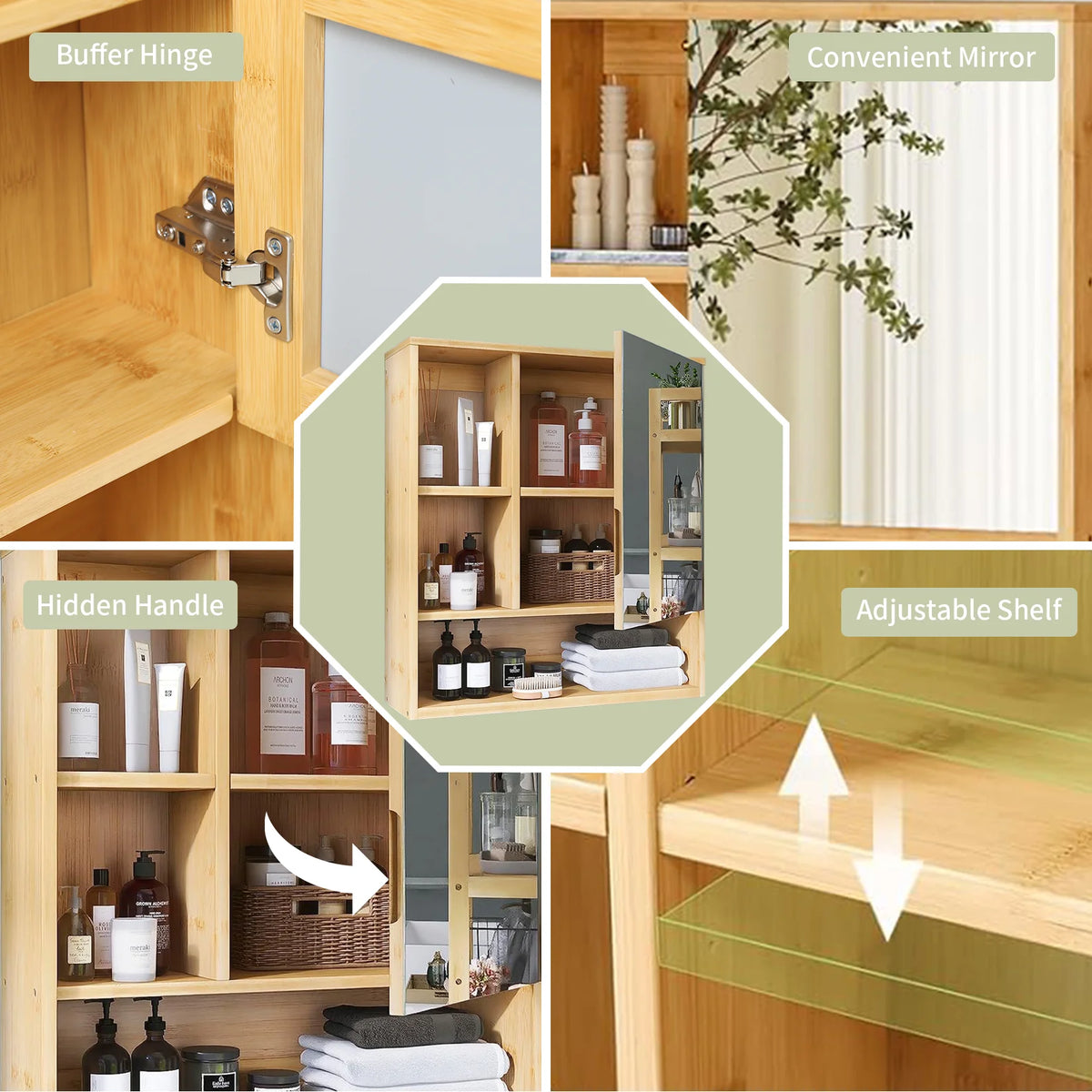 Bamboo Wall Mounted Medicine Cabinet With Mirror And Storage Shelves
