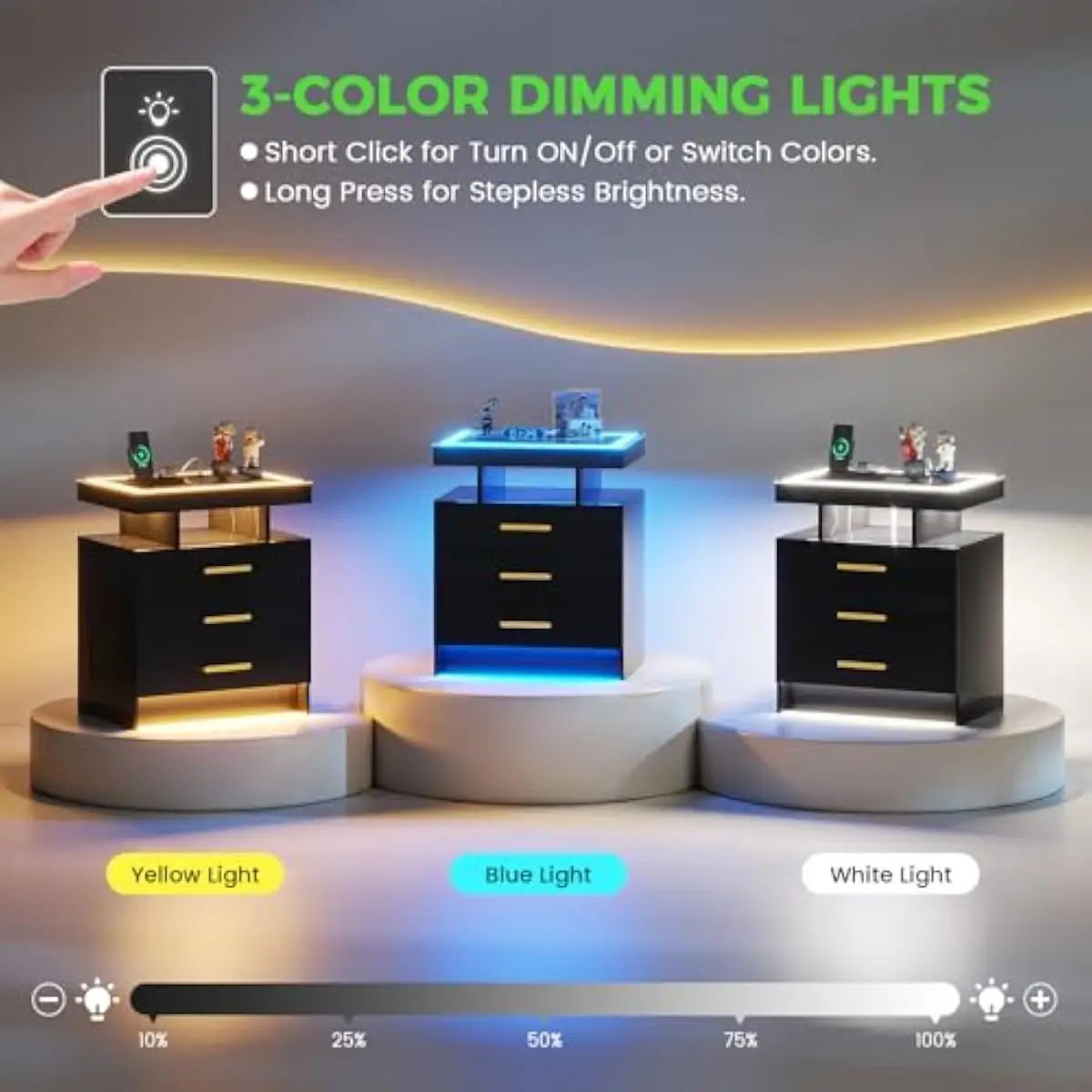 3-drawer LED nightstand set with motion-sensor lighting, wireless charging, USB-C ports, tempered glass top, MDF frame, minimali