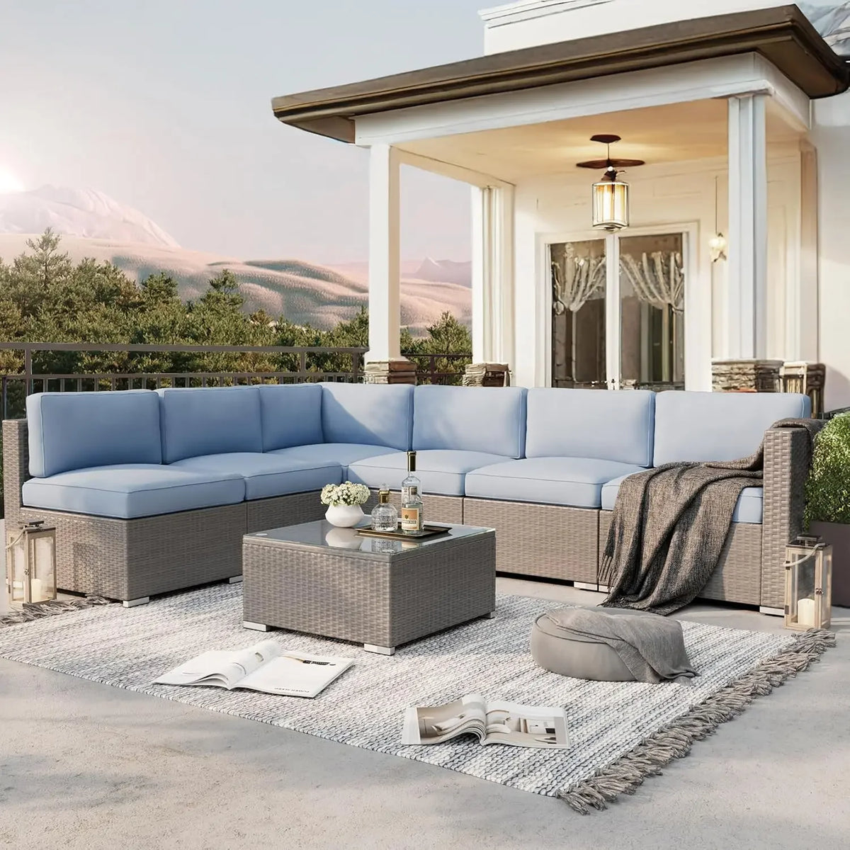 Outdoor Patio Wicker Sectional Sofa Set With Coffee Table