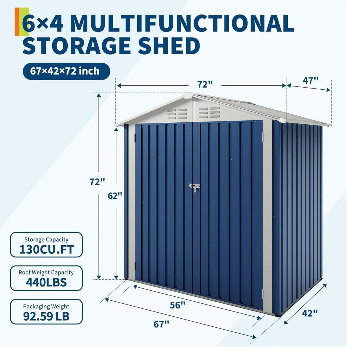 6x4 FT Outdoor Metal Storage Shed Waterproof Galvanized Steel Garden Shed with Lockable Hinged Door Ventilation Holes Reinforced Frame Backyard Tool Storage House for Lawn Equipment