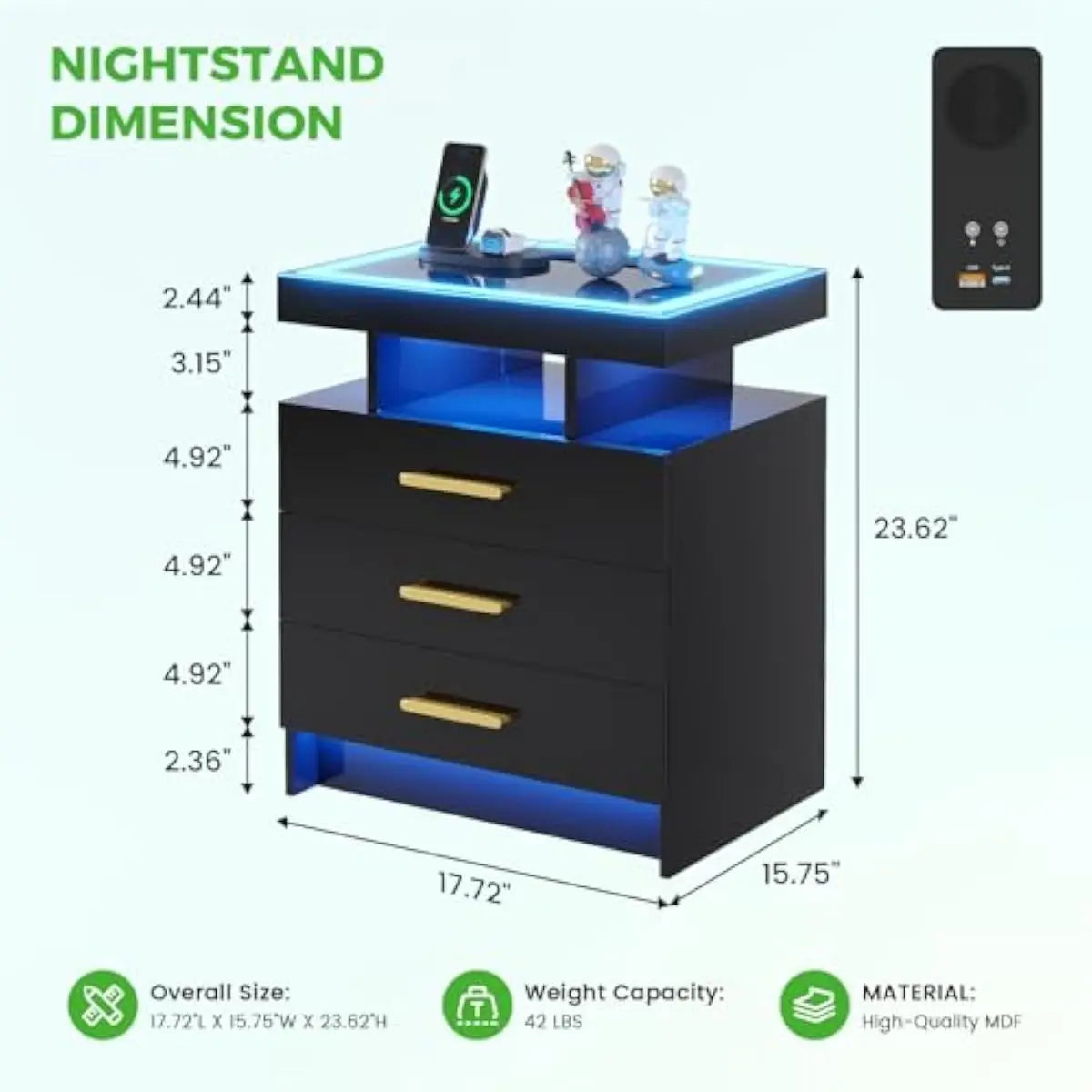 3-drawer LED nightstand set with motion-sensor lighting, wireless charging, USB-C ports, tempered glass top, MDF frame, minimali