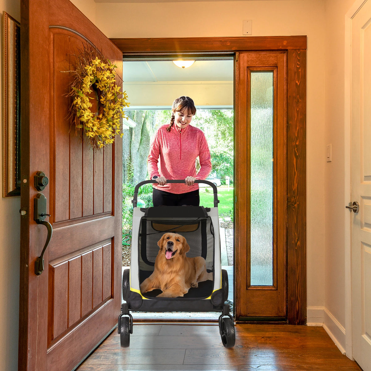Folding Double Dog Stroller With Zipper Divider And Travel Wheels