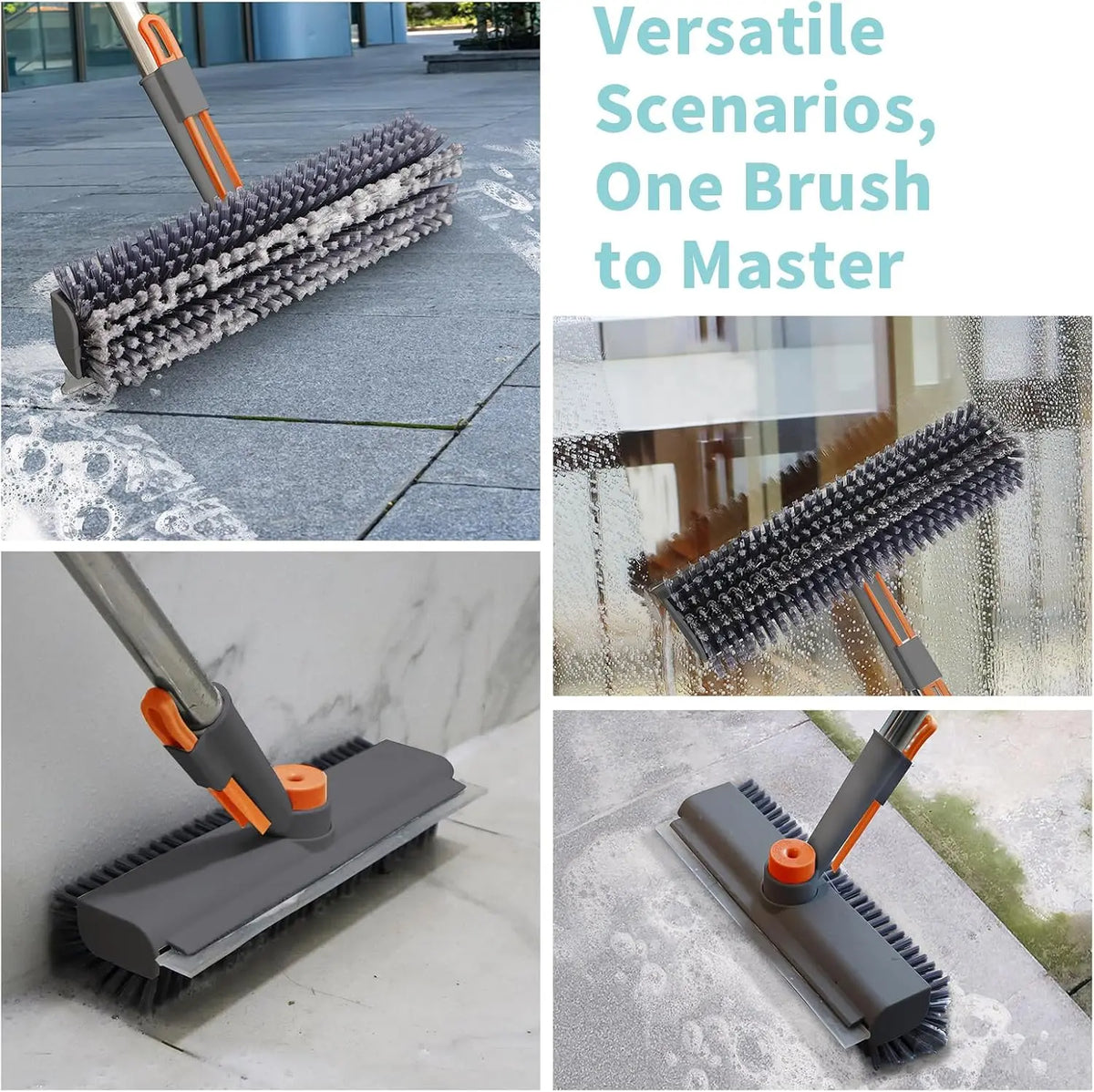 Rotating Floor Scrub Brush with Long Handle and Squeegee