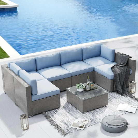 Outdoor Patio Wicker Sectional Sofa Set With Coffee Table