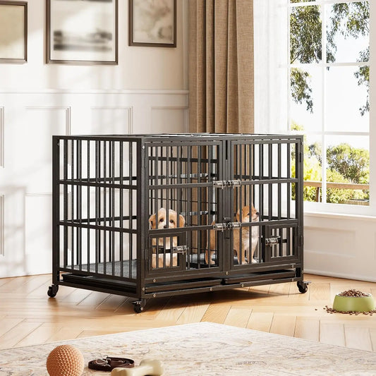 ANIXOL Heavy Duty Metal Dog Crate With Lockable Wheels