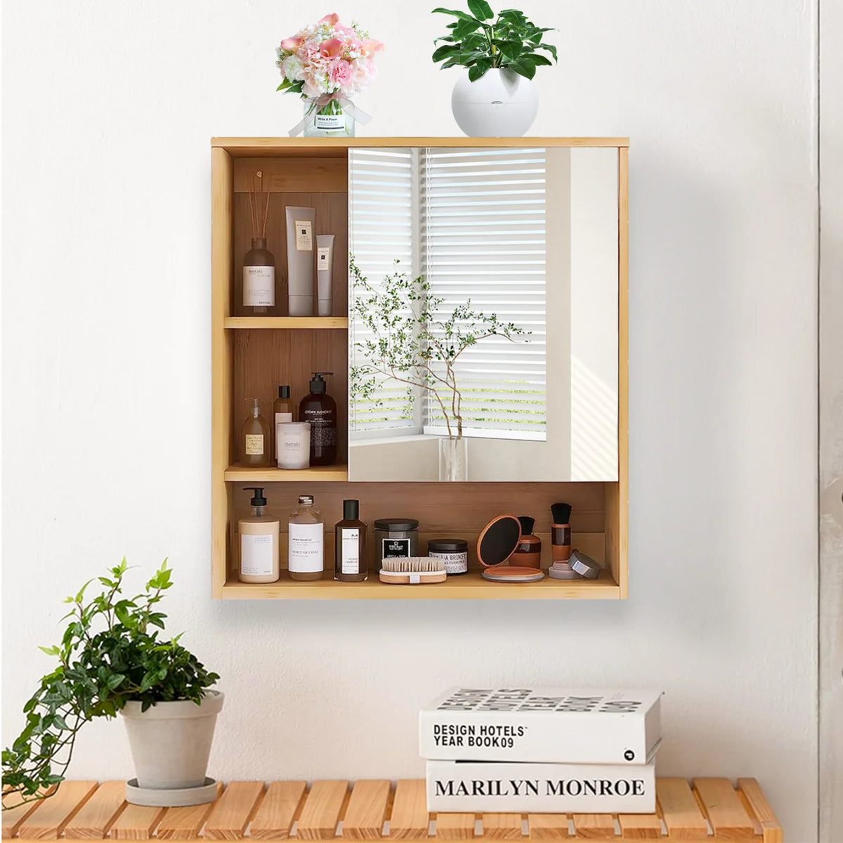 Bamboo Wall Mounted Bathroom Cabinet With Mirror And Adjustable Shelf