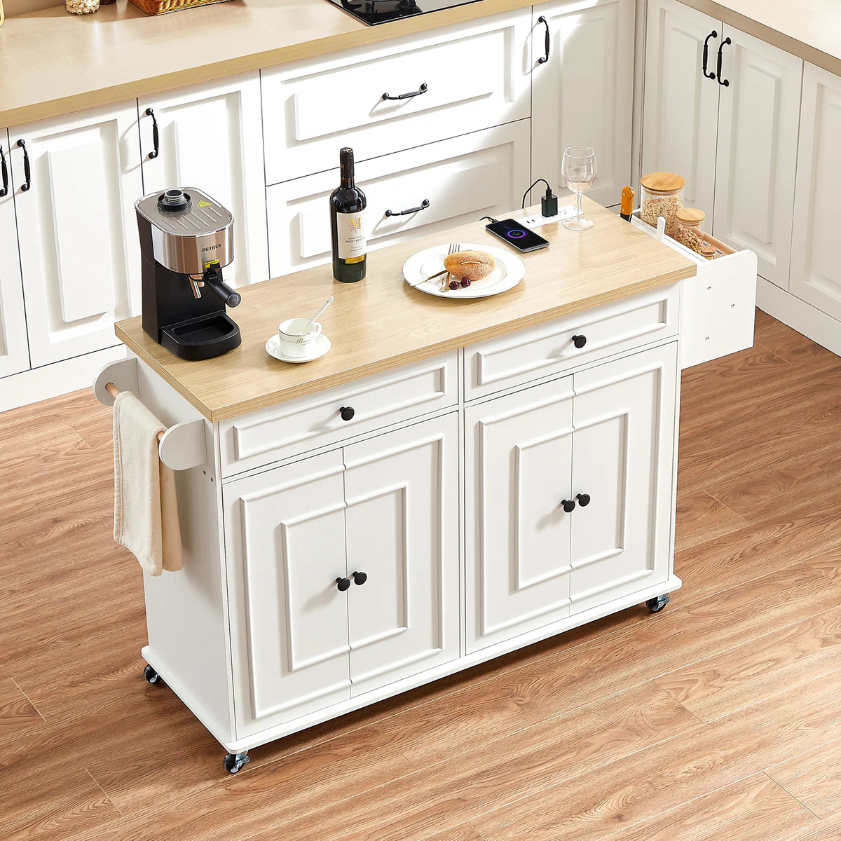 Mobile Kitchen Island Cart With Drop Leaf Power Outlet Storage