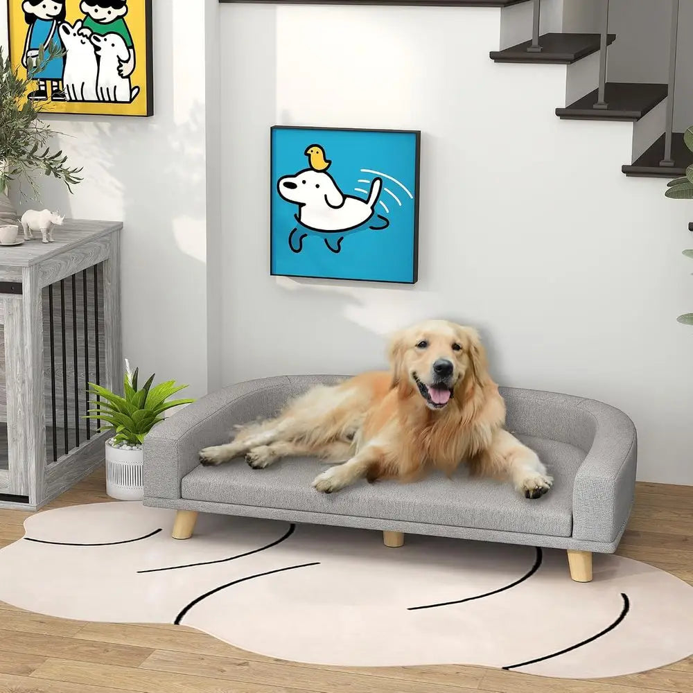 Dog Sofa Pet Bed With Washable Cushion And Wooden Legs