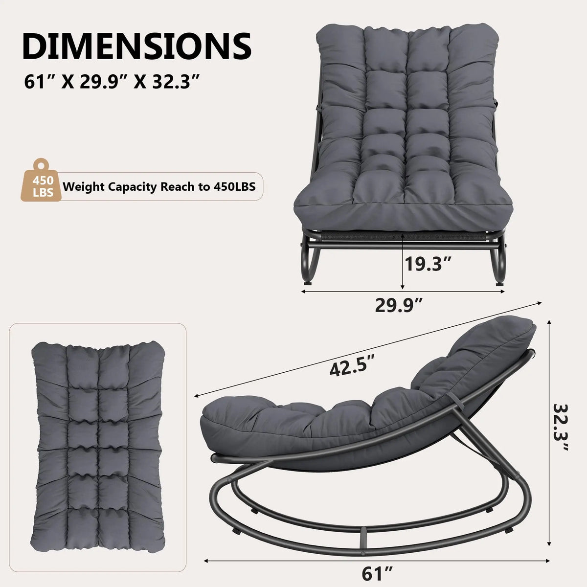 HiMISS Outdoor Metal Rocking Chair With Waterproof Cushion