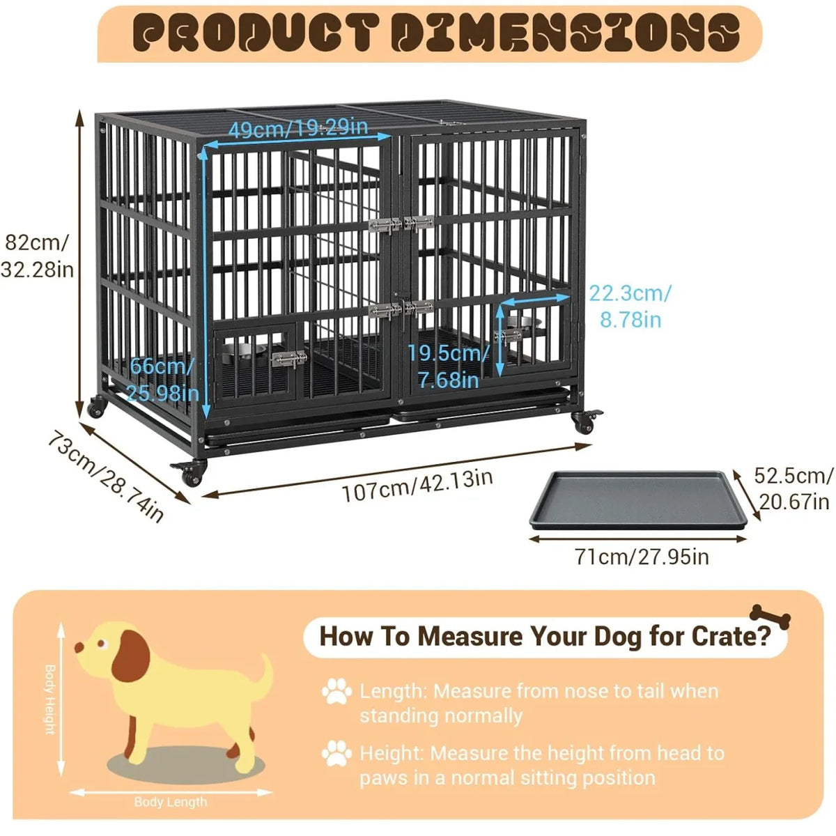 ANIXOL Heavy Duty Metal Dog Crate With Lockable Wheels