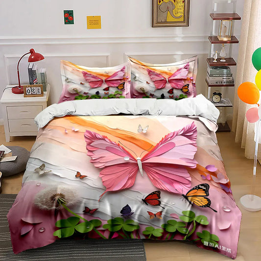 Pink Butterfly Themed Three-Piece Decoration Set  kid's and adults' bedroom decor, Exquisite three-piece bedding set gift