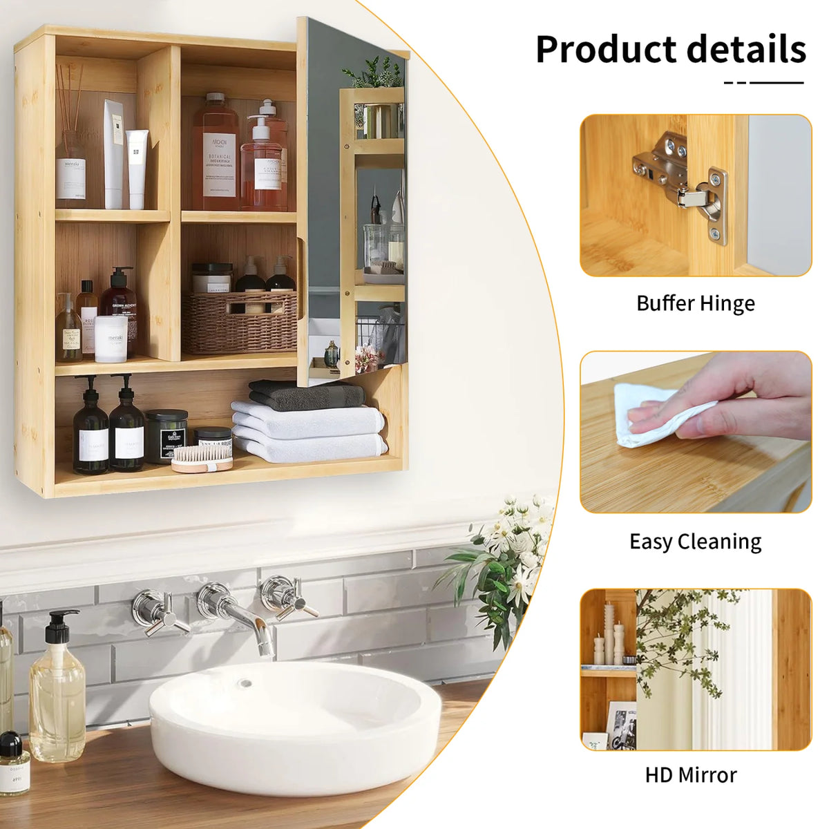 Bamboo Wall Mounted Bathroom Cabinet With Mirror And Adjustable Shelf