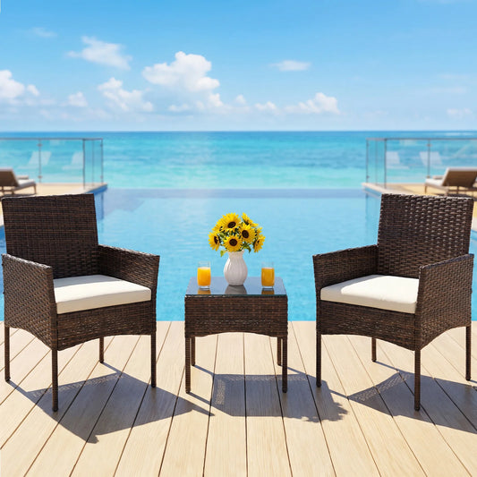 JHK Outdoor Wicker Bistro Set With Cushions And Glass Table