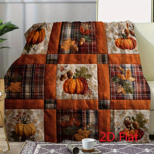 1pc 2D Flat Vintage Autumn Patchwork Plush Flannel Blanket, Soft and Warm Plush Shawl, Pumpkin and Leaf Print, Orange, Brown, Beige, Red and White Rustic Style Plush Blanket with Floral Print, Suitable All Seasons, Can Be Use