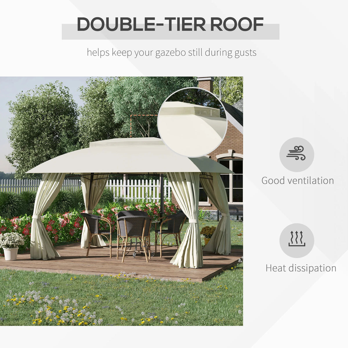 Double Vented Steel Patio Gazebo Canopy Shelter With Curtains