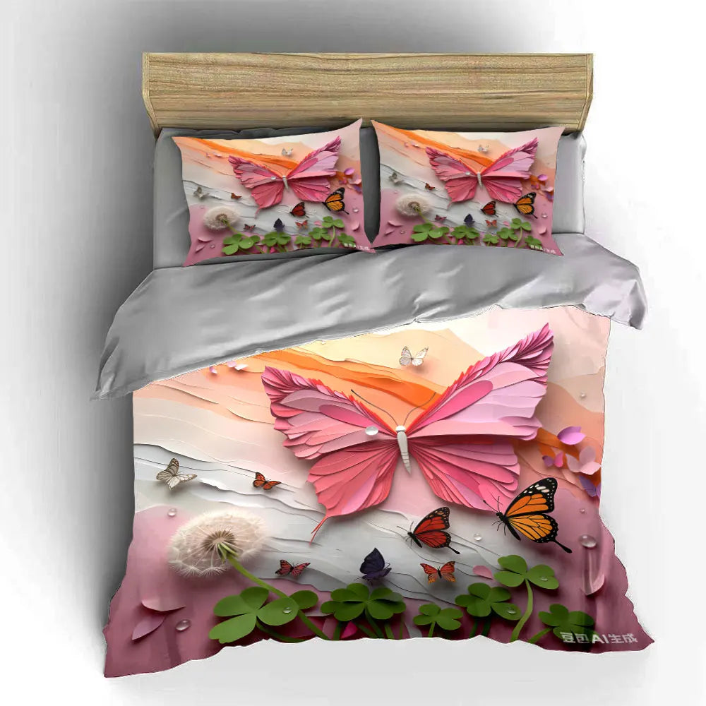 Pink Butterfly Themed Three-Piece Decoration Set  kid's and adults' bedroom decor, Exquisite three-piece bedding set gift