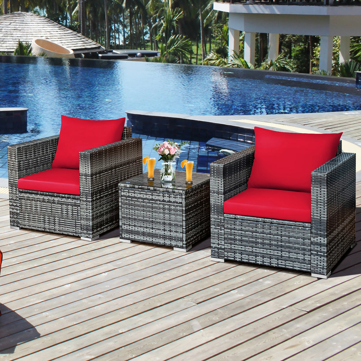 HOMASIS 3 Piece Outdoor Rattan Bistro Furniture Set With Cushions