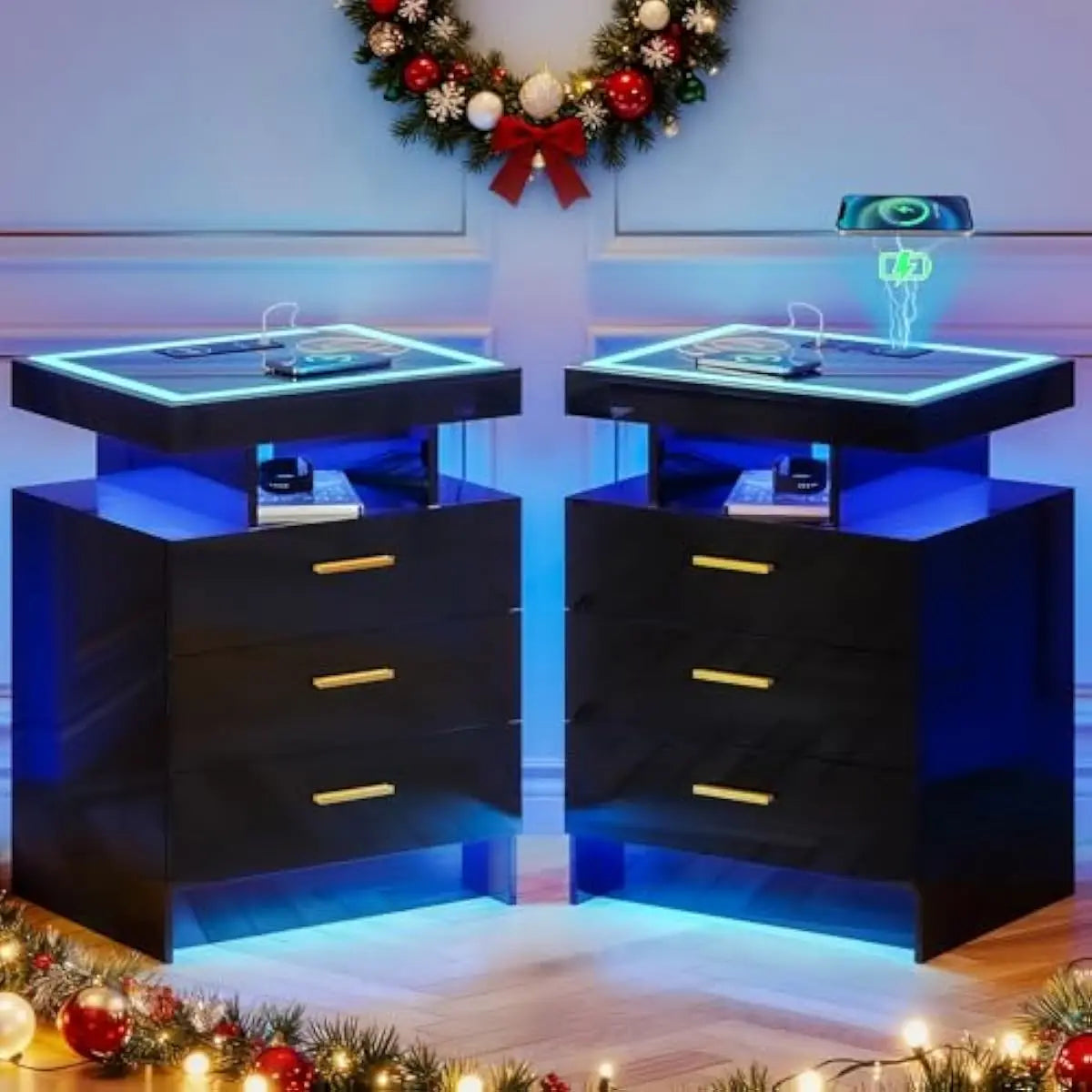2-piece LED-equipped bedside tables featuring touchless motion-sensing illumination, triple-color adjustable lighting, tempered