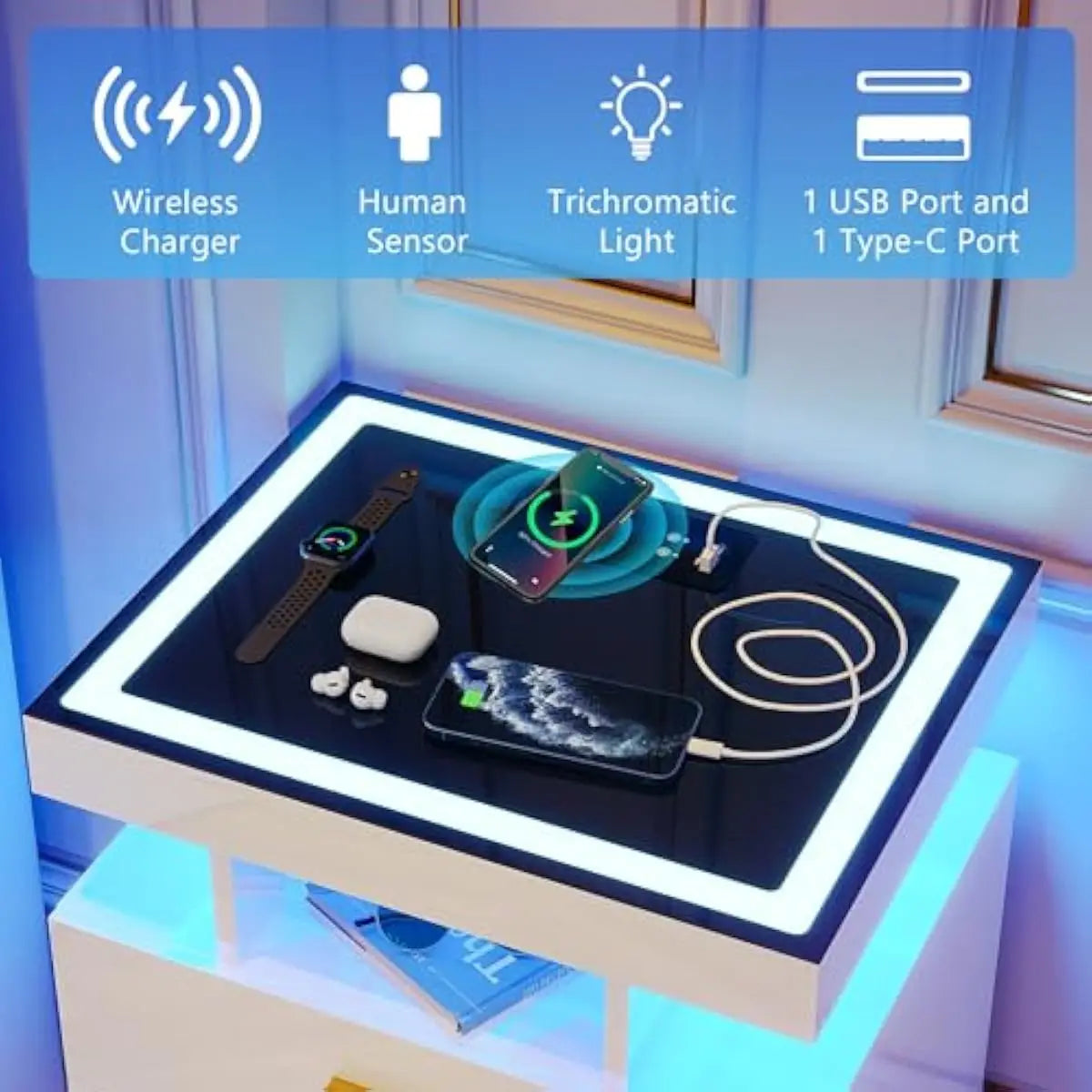2-piece LED-equipped bedside tables featuring touchless motion-sensing illumination, triple-color adjustable lighting, tempered