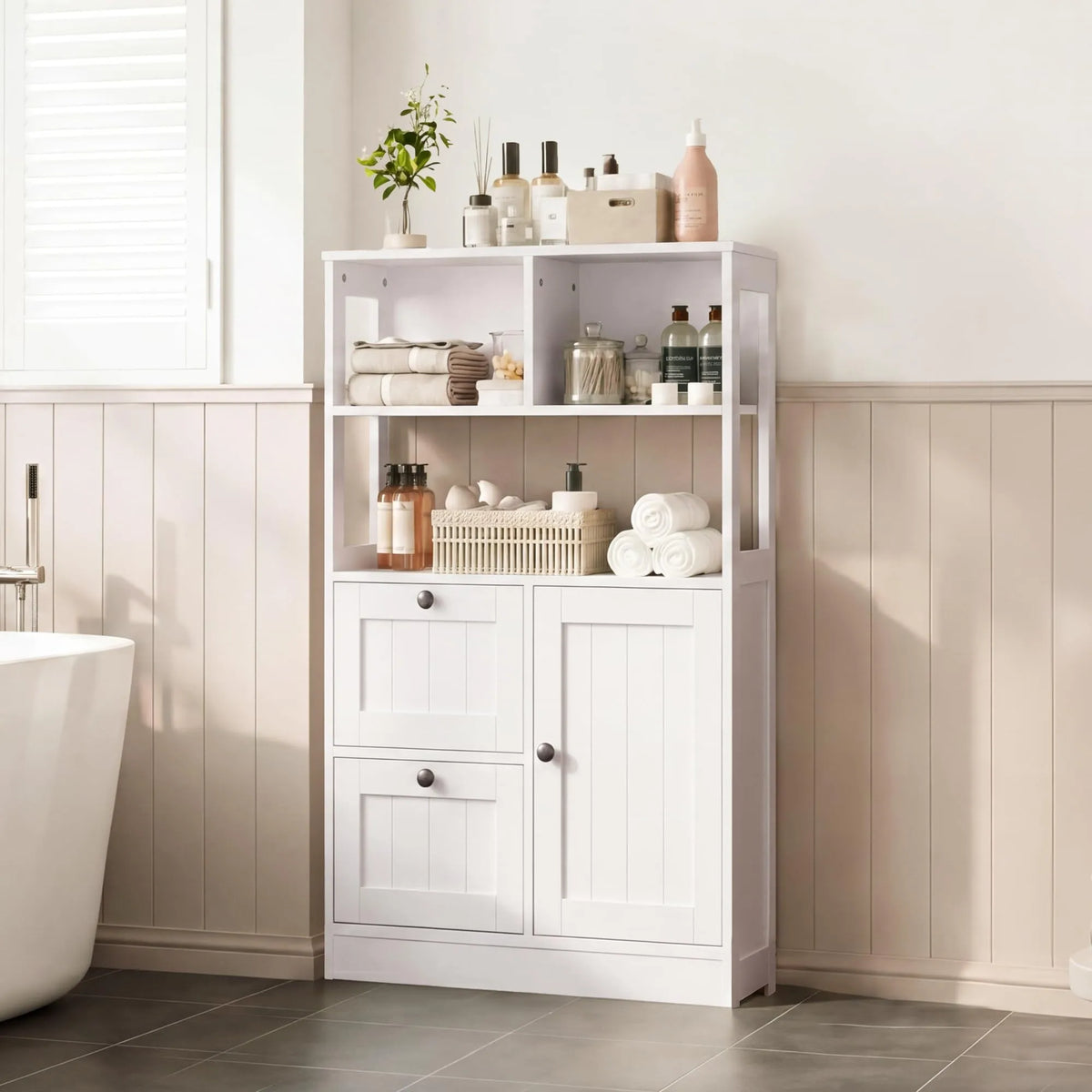 White Farmhouse Freestanding Bathroom Storage Cabinet With Door And Drawers, Wooden Cupboard With Adjustable Shelves For Kitchen, Living Room