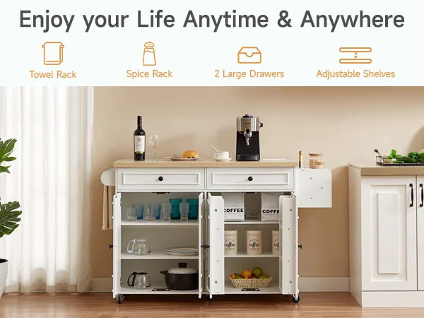 Mobile Kitchen Island Cart With Drop Leaf Power Outlet Storage