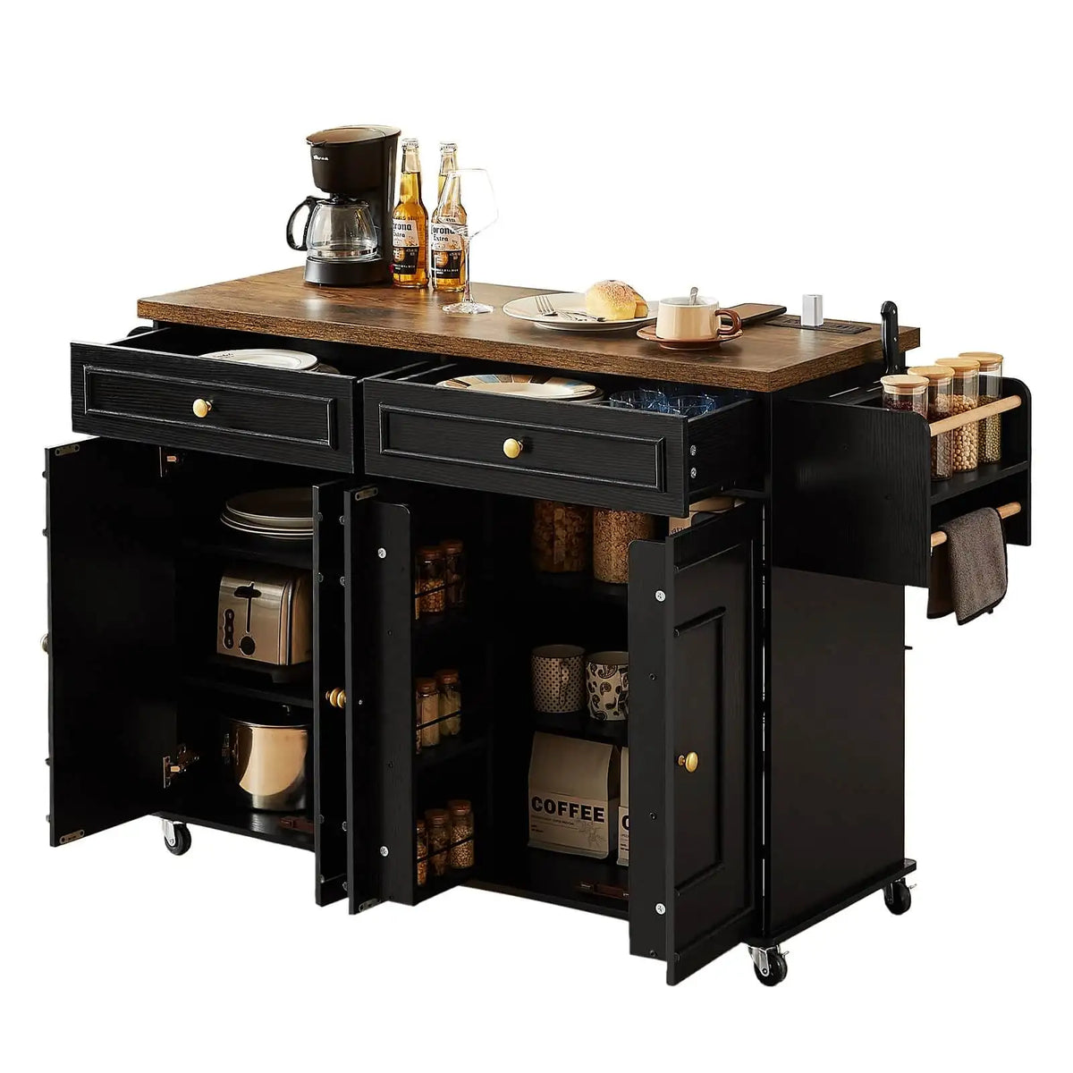 Mobile Kitchen Island Cart With Drop Leaf Power Outlet Storage