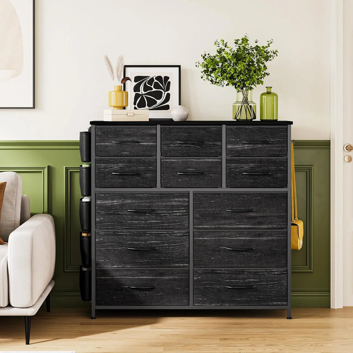Fabric Drawer Dresser With Side Pockets And Hooks For Storage