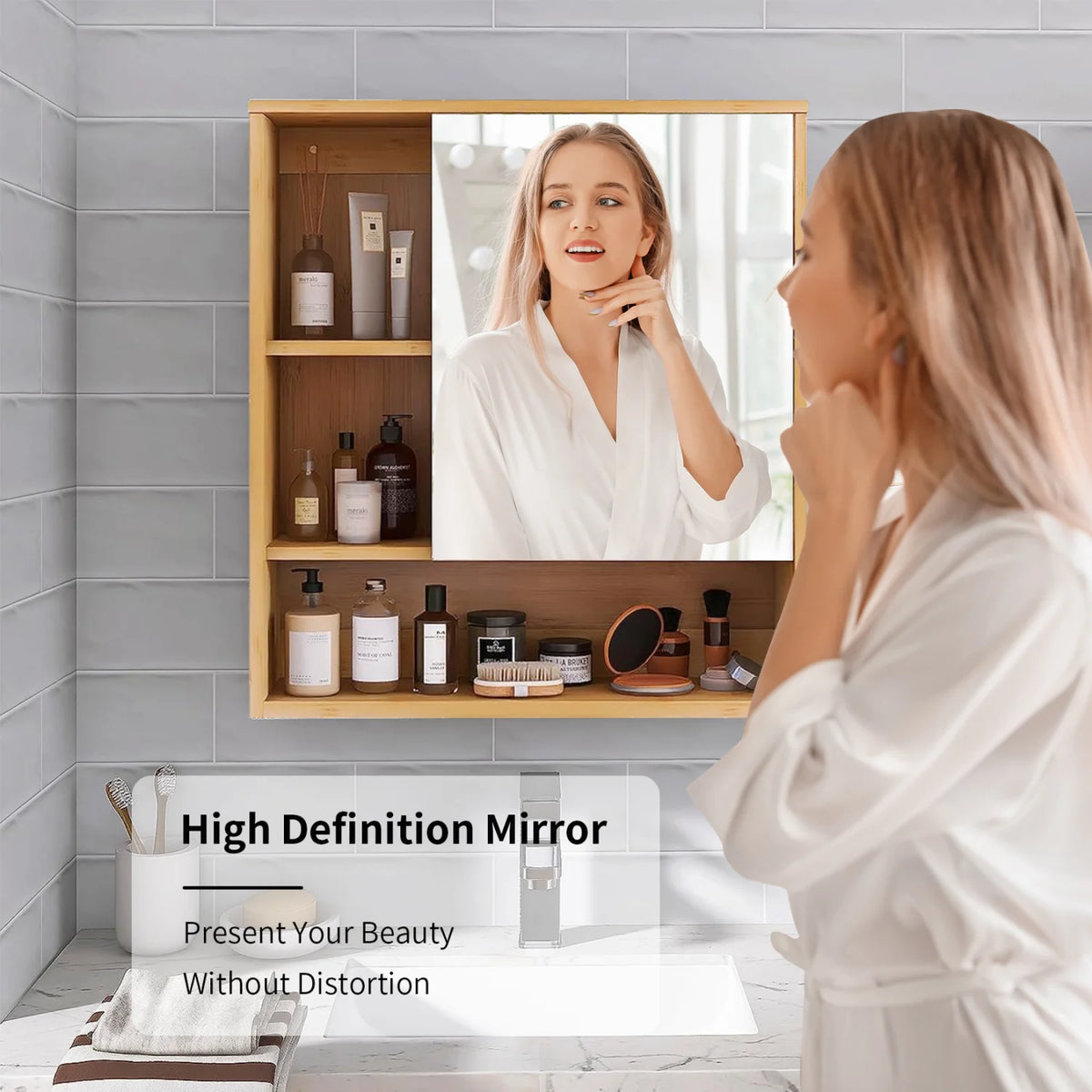 Bamboo Wall Mounted Bathroom Cabinet With Mirror And Adjustable Shelf