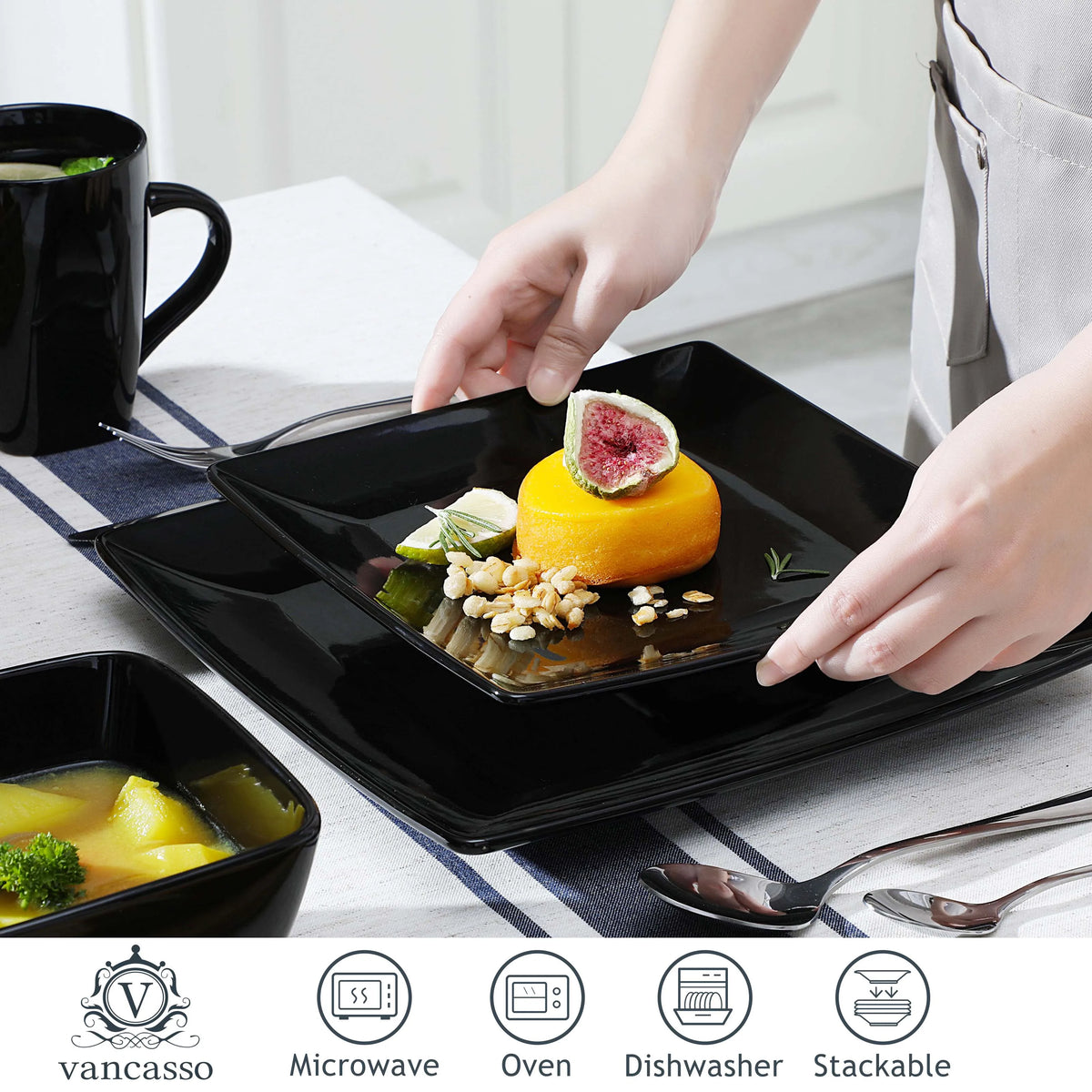 MALACASA Porcelain Square Dinnerware Set With Plates Bowls And Mugs