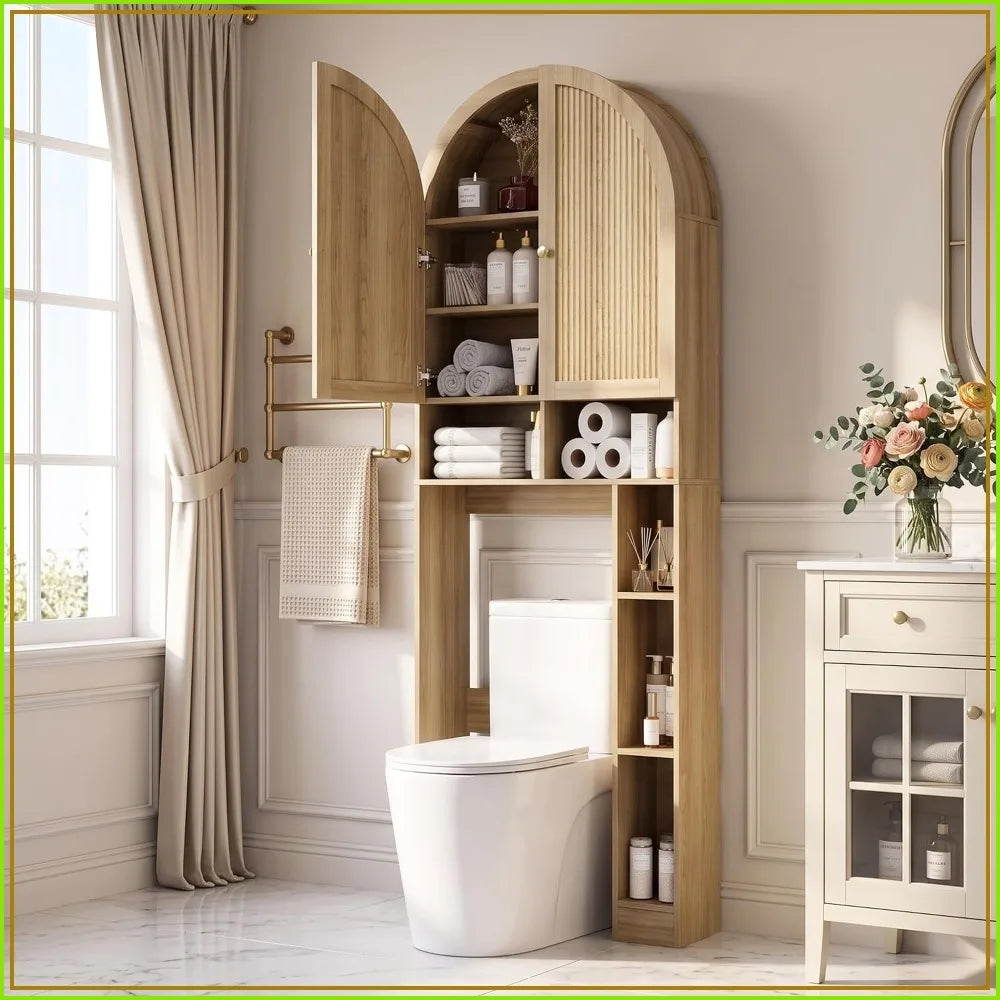Arched Over Toilet Storage Cabinet With Doors And Adjustable Shelf