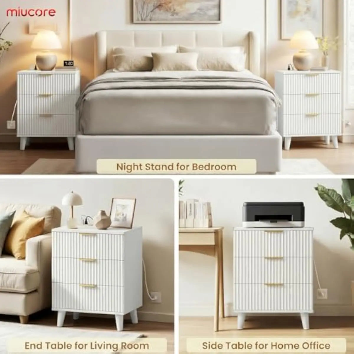 White fluted nightstand duo 15.7x19.7x26.3 in with triple soft-close drawers USB AC charging ports waterproof laminate MDF frame