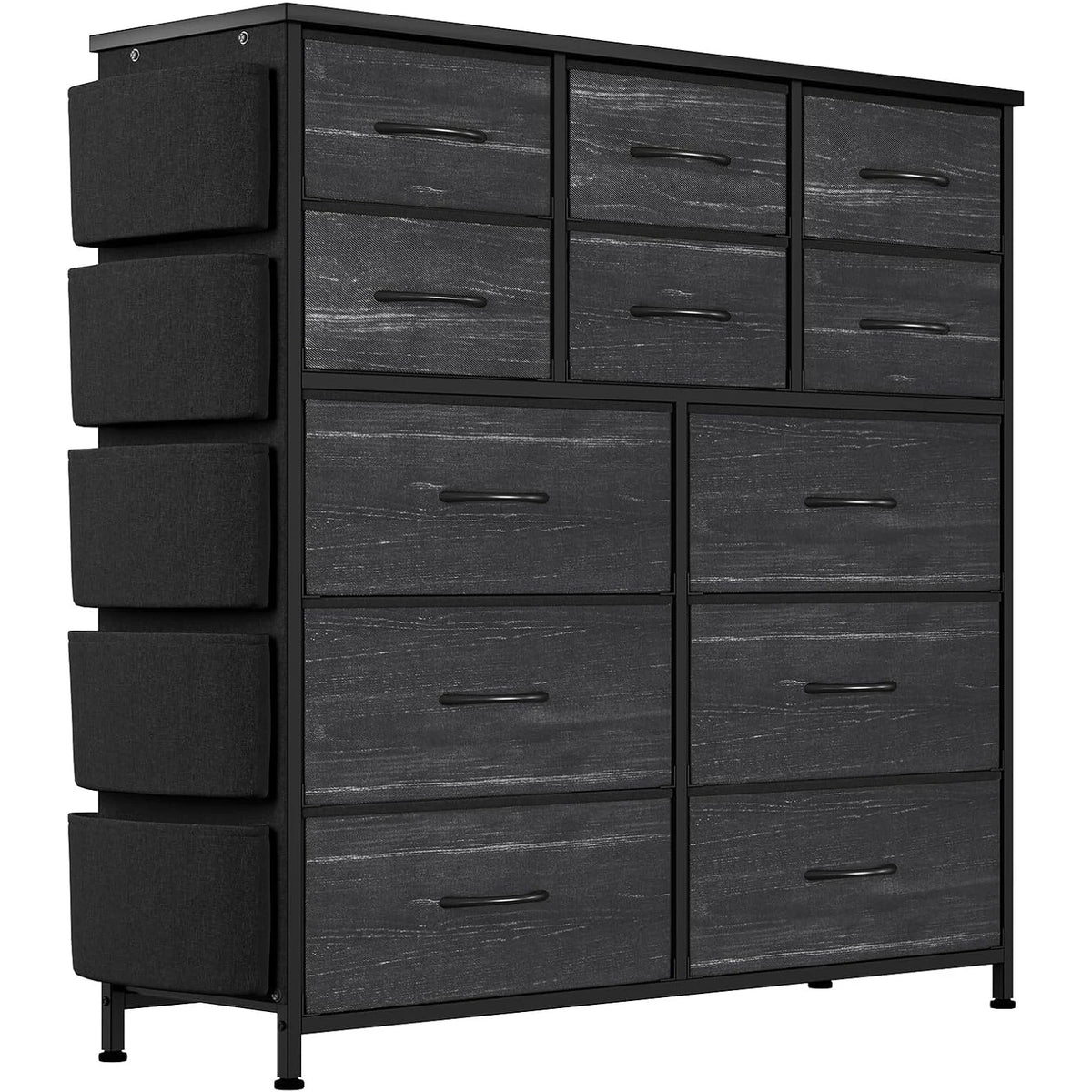 Fabric Drawer Dresser With Side Pockets And Hooks For Storage
