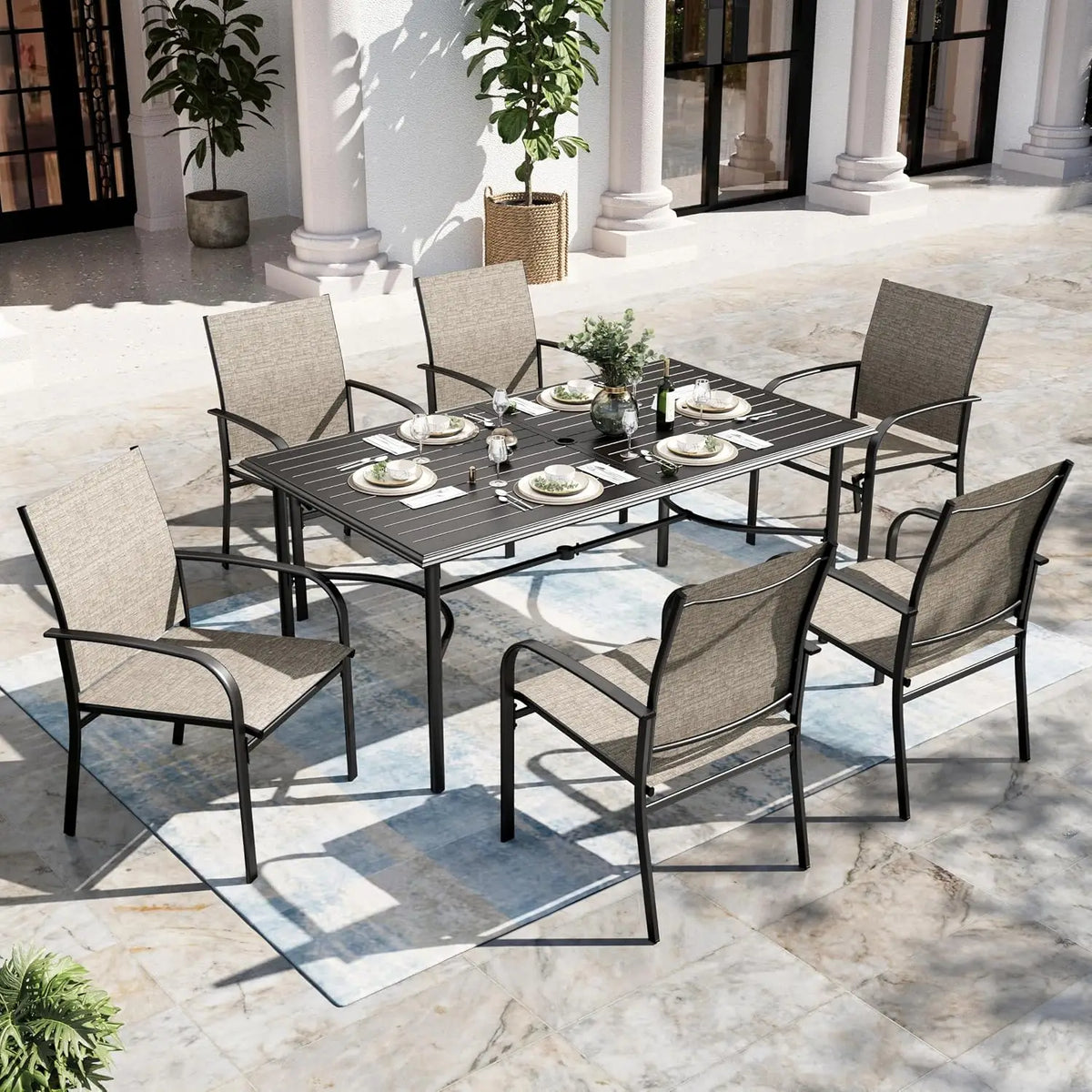 Patio Dining Set With Metal Table And Six Outdoor Chairs