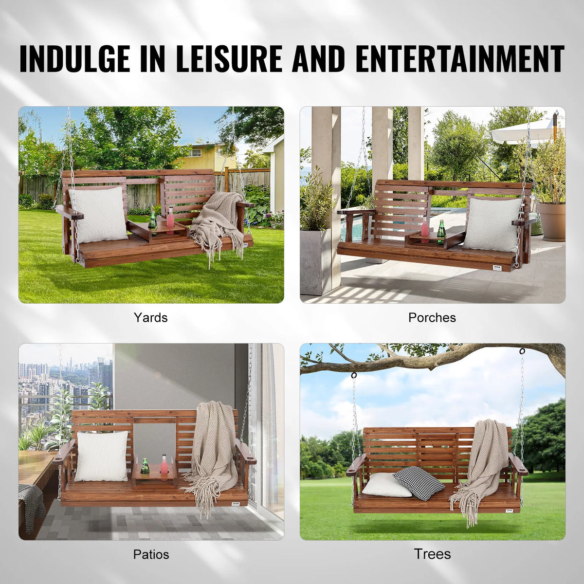 SucceBuy Wooden Porch Swing With Steel Chains For Outdoor Gardens