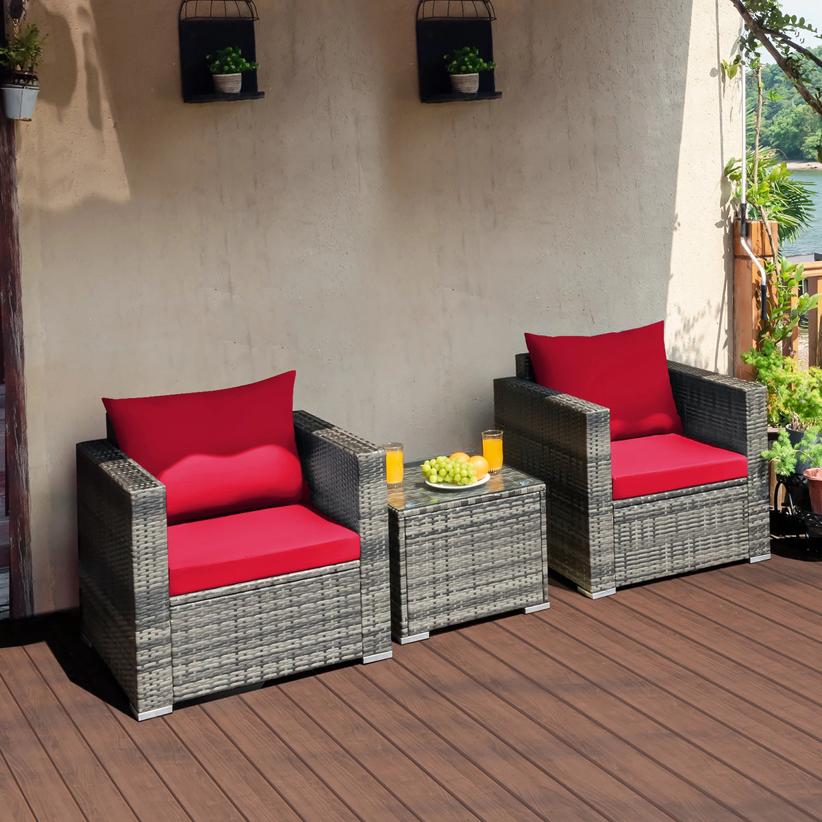 HOMASIS 3 Piece Outdoor Rattan Bistro Furniture Set With Cushions