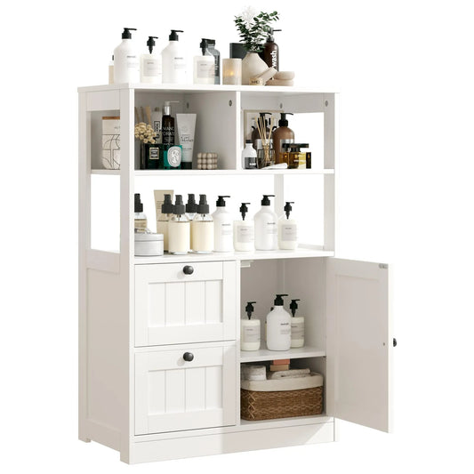 White Farmhouse Freestanding Bathroom Storage Cabinet With Door And Drawers, Wooden Cupboard With Adjustable Shelves For Kitchen, Living Room