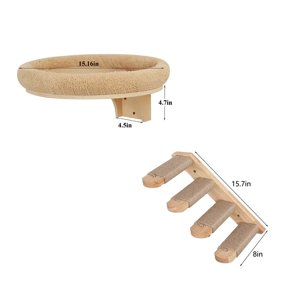 Cat Wall Mounted Solid Wooden Furniture Climbing Ladder and Cat Hammock with Scratching Post for Activity Indoor Cats Perches