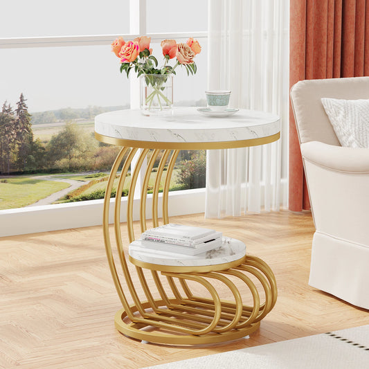 Tribesigns Two Tier Faux Marble Side Table With Storage Shelf