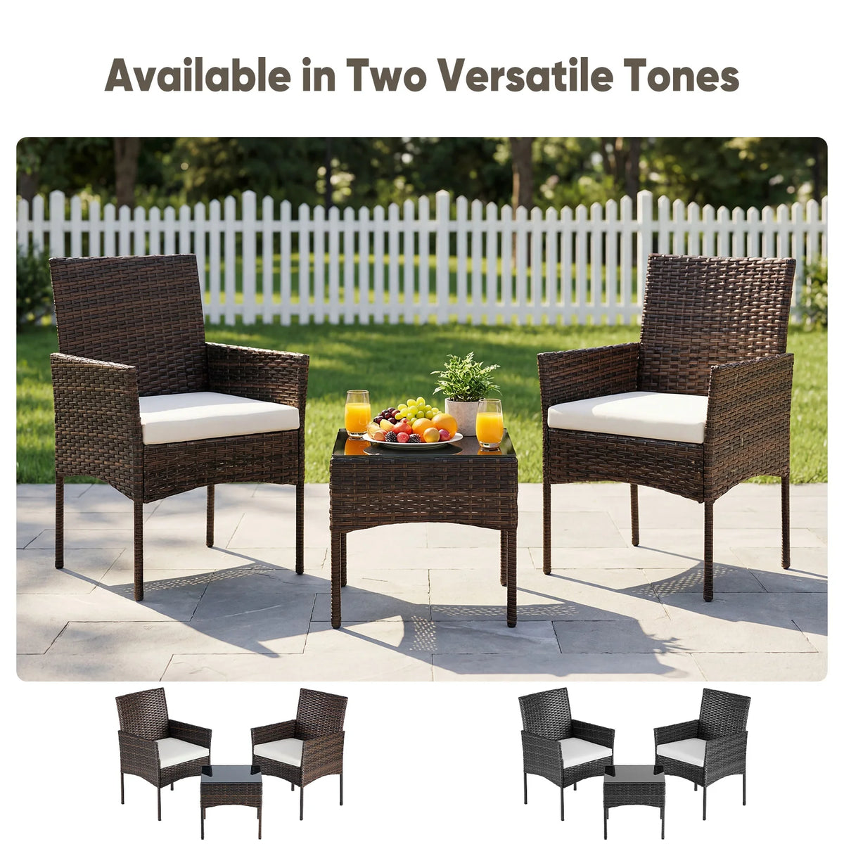 JHK Outdoor Wicker Bistro Set With Cushions And Glass Table