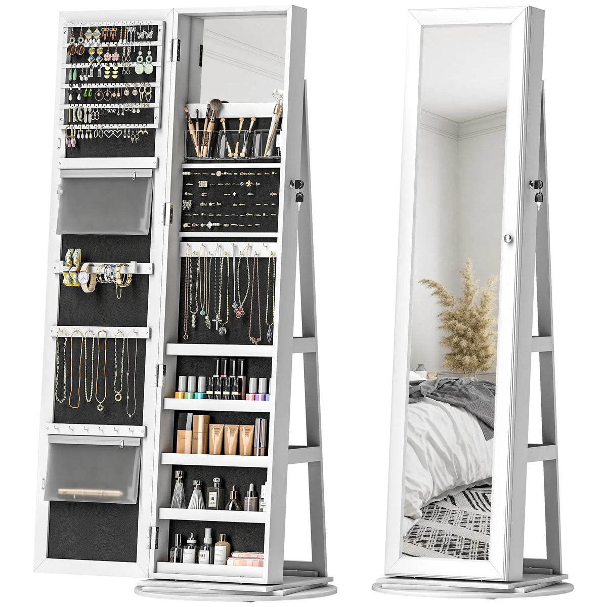 HOMCOM Swivel Jewelry Cabinet With Lockable Full Length Mirror
