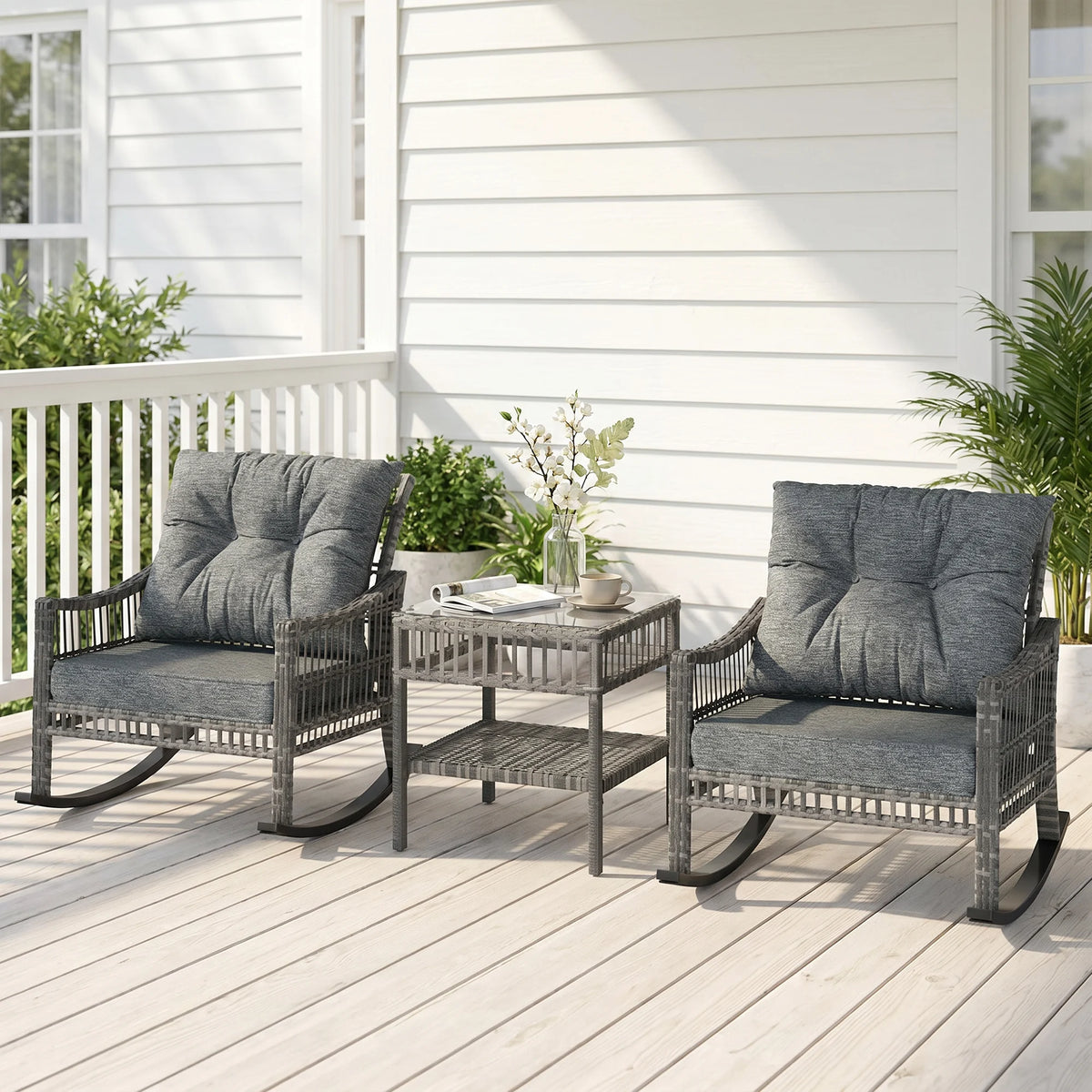 Outsunny Outdoor Rattan Rocking Chair Bistro Set With Table