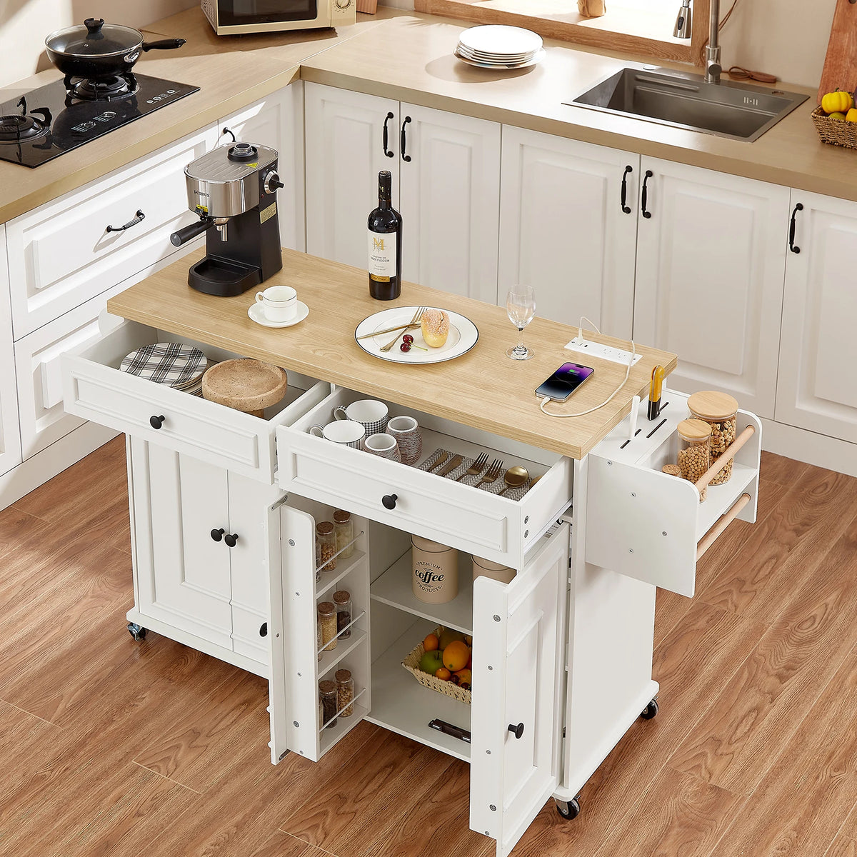Mobile Kitchen Island Cart With Drop Leaf Power Outlet Storage