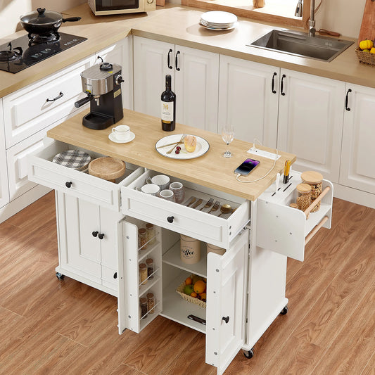 Mobile Kitchen Island Cart With Drop Leaf Power Outlet Storage