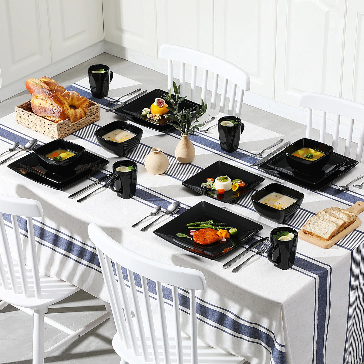 MALACASA Porcelain Square Dinnerware Set With Plates Bowls And Mugs