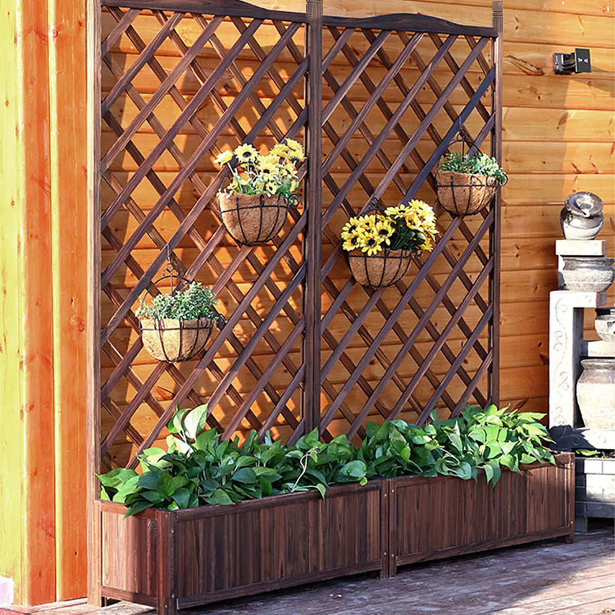 Raised Garden Bed, Wooden Planter Box with Trellis, Vegetable Grow Bed, Support Patio Lattice