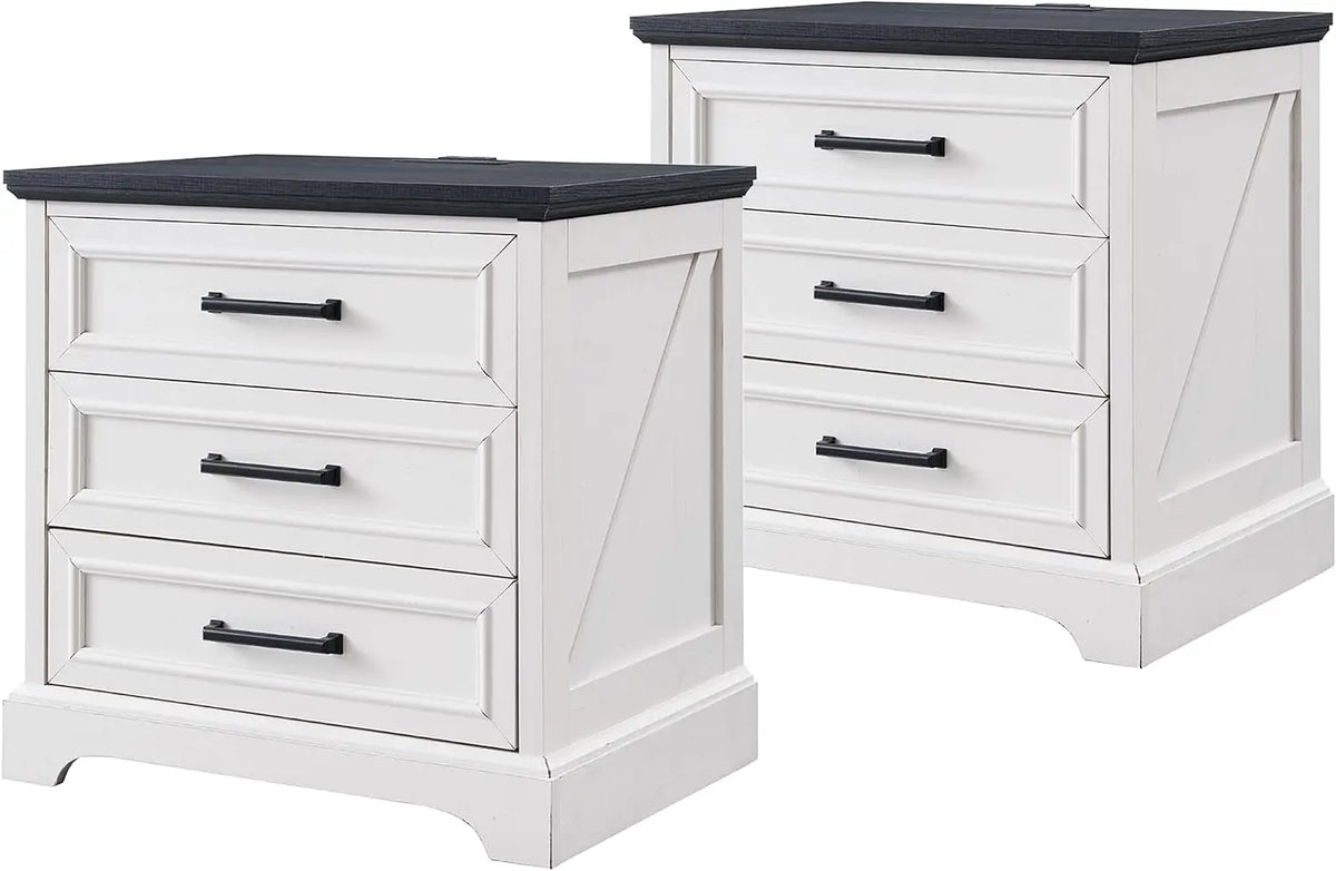 ACCOHOHO Farmhouse Nightstand With Charging Station And Storage Drawers