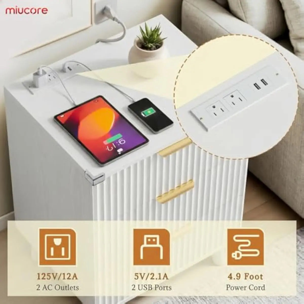 White fluted nightstand duo 15.7x19.7x26.3 in with triple soft-close drawers USB AC charging ports waterproof laminate MDF frame